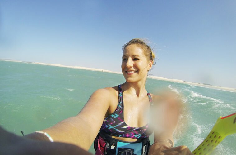 Close up of me kitesurfing in Brazil – the first stop of my kitesurf-around-the-world-trip