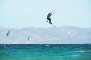 Kitesurfing or rather flying through the air in La Ventana, Mexico.